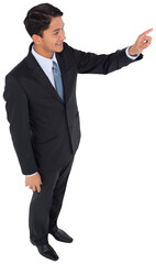 Digital png photo of happy asian businessman showing index finger on transparent background