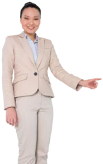 Deurstickers Aziatische plekken Digital png photo of happy asian businesswoman pointing finger on transparent background