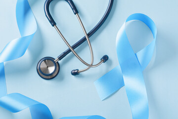 Blue awareness ribbon with stethoscope, world diabetes day