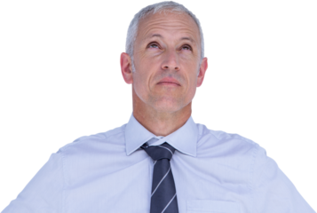 Digital png photo of thinking senior businessman looking up on transparent background