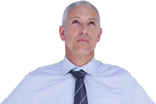 Digital png photo of thinking senior businessman looking up on transparent background