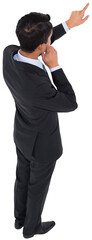 Digital png photo of back view of thinking asian businessman showing on transparent background
