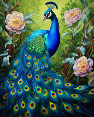 Colorful Blue elegance peacock in the tropical garden with beautiful flowers, watercolor painting style