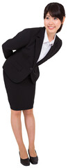 Digital png photo of happy asian businesswoman leaning and waiting on transparent background