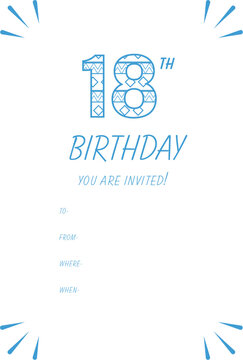 Digital png illustration of invitation with blue 18 number with pattern on transparent background