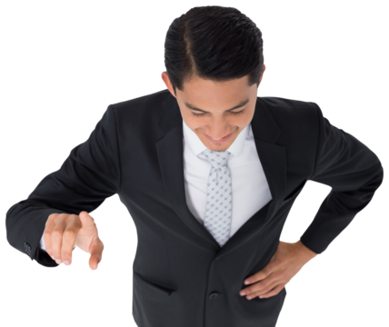 Digital png photo of happy asian businessman showing index finger on transparent background