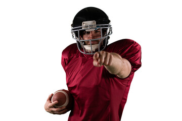 Digital png photo of biracial american football player pointing finger on transparent background - Powered by Adobe