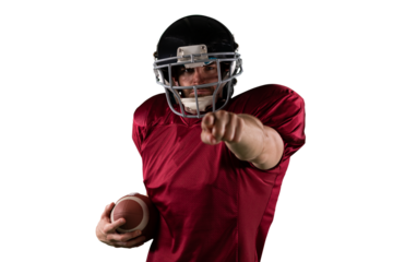 Digital png photo of biracial american football player pointing finger on transparent background