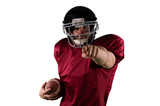 Digital png photo of biracial american football player pointing finger on transparent background - Powered by Adobe