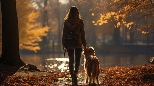 Back View Woman And Dog Walking In The Park. Generative Ai