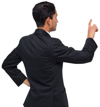 Digital png photo of back view of asian businessman showing index finger on transparent background