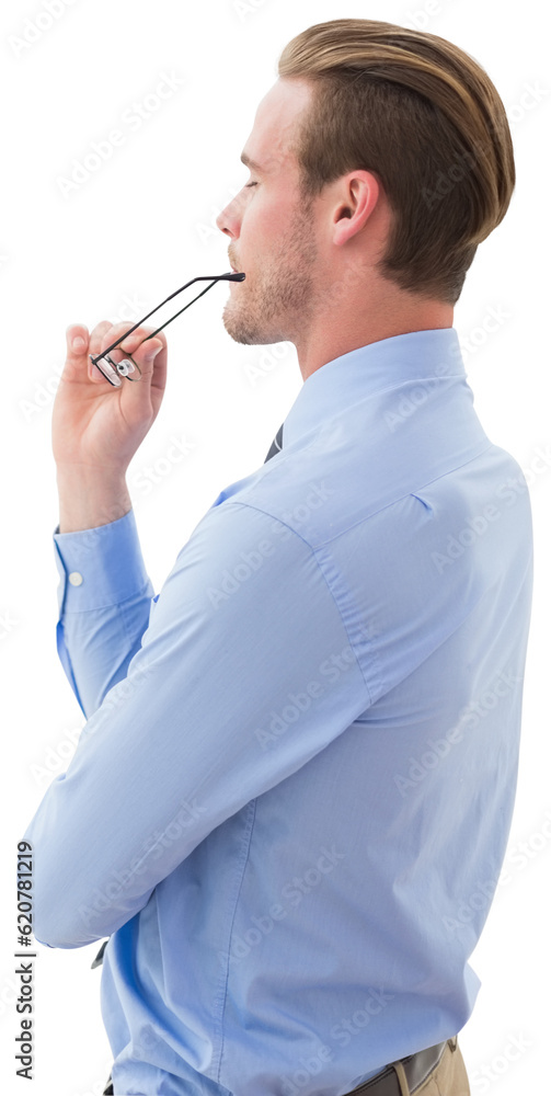 Poster Digital png photo of thinking caucasian businessman closing eyes on transparent background