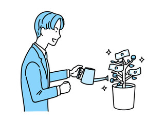 資産形成をする男性・お金のなる木を育てるビジネスマン