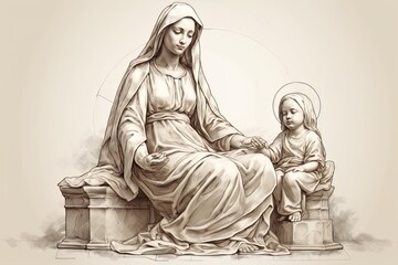 Graphic drawing of the statue of the Orthodox Virgin Mary with the baby AI