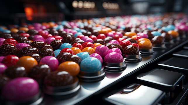 Sweets candy on industry conveyor. Generative Ai