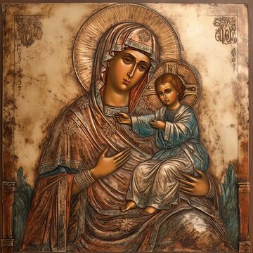 Traditional Orthodox icon of the Virgin Mary with the Child AI