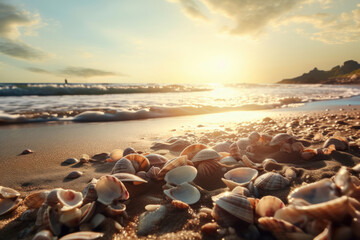 The natural beauty of seashells on a beach creates an exotic scenery. The tropical weather and beauty of nature make for a perfect vacation spot. AI Generative. - obrazy, fototapety, plakaty