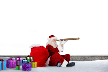 Digital png photo of happy caucasian santa claus with telescope on transparent background