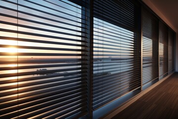 Close-up aluminum Venetian blinds on modern window. - obrazy, fototapety, plakaty