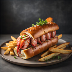 A delectable lobster roll featuring chunks of succulent lobster meat nestled in a buttery toasted brioche bun, served with a side of crispy fries