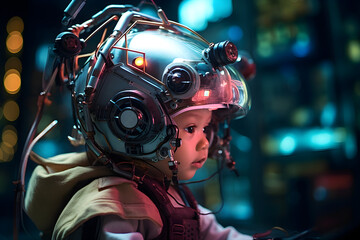 portrait of a cyberpunk baby wearing futuristic armour