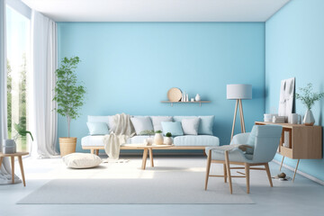 Fototapeta premium apartment blue wall furniture interior home design architecture modern sofa room. Generative AI.