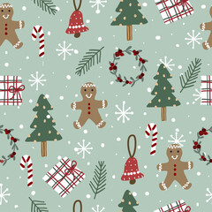 Obraz na płótnie Canvas Christmas seamless pattern with Christmas tree, bell, presents, chocolate buns, berries, pine leaves, snow and snowflakes on a green background.