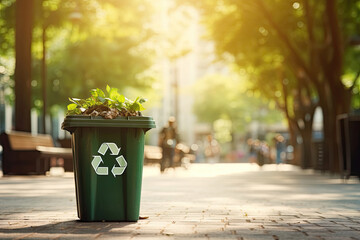 Green recycling bin in a park, Generative AI