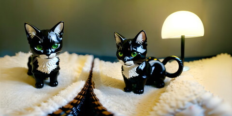 cat on the table | there are two black and white cats sitting on a towel, on a jungle forest train track, photo 1 5 mm, shiny lighting, lunar walk, two identical symmetrical eyes, art toy.