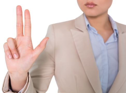 Digital png photo of serious asian businesswoman showing fingers on transparent background