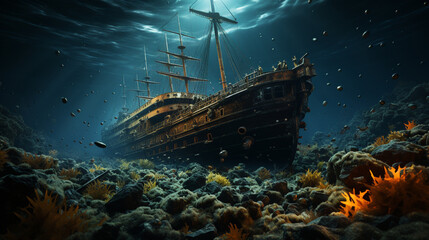 Big ship under ocean floor. Generative Ai