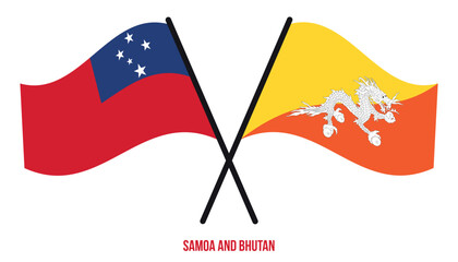 Samoa and Bhutan Flags Crossed And Waving Flat Style. Official Proportion. Correct Colors.