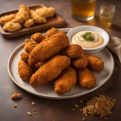 A tempting plate of crunchy fried chicken, golden and crispy on the outside, juicy and tender on the inside, served with a delectable dipping sauce