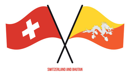 Switzerland and Bhutan Flags Crossed And Waving Flat Style. Official Proportion. Correct Colors.