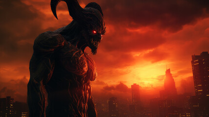 Fototapeta na wymiar giant red demon in the city.