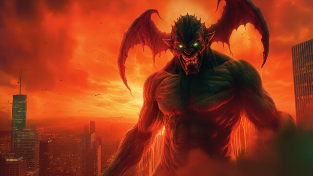 giant red demon in the city.