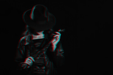 Sexy female dominant mistress with whip for BDSM sex with submission and domination in noir style on dark background. Black and white with 3D glitch virtual reality effect - obrazy, fototapety, plakaty