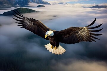 bald eagle in flight above the clouds