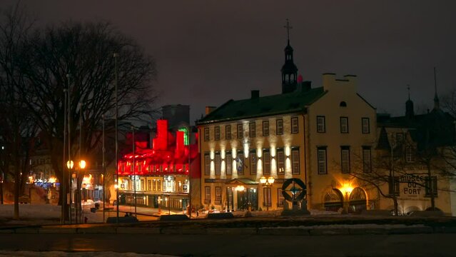 Cinematic Quebec City Canada cold winter evening night time downtown center Quai Lookout Point St Lawrence River street church peaceful snow on ground still movement