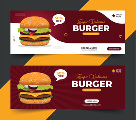 Fast food restaurant social media cover post or web banner template design. Burger social media cover post vector illustration