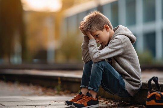 Side view of a sad Crestfallen Crying child boy sitting on the floor at the schoolyard 