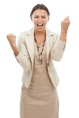 Victory, excited and fist with business woman in portrait for png or transparent and isolated background. Promotion, girl and professional person with good news with happiness for success or winner.