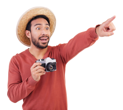Photographer, surprise and travel with man and camera on png for holiday, search and adventure. Vintage, retro and picture with person isolated on transparent background for photography and tourism