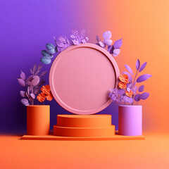 detailed podium mockup, three podiums standing side by side, colorful purple background, green leaves, flowers, and a big orange circle behind podium. Generative Ai.