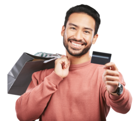 Happy asian man, shopping bag and credit card for banking isolated on a transparent PNG background. Portrait of male person or shopper with smile for loyalty discount, purchase or payment on account