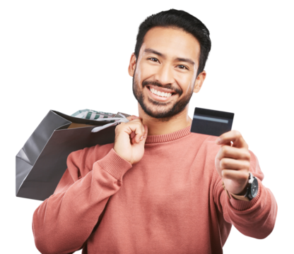 Happy asian man, shopping bag and credit card for banking isolated on a transparent PNG background. Portrait of male person or shopper with smile for loyalty discount, purchase or payment on account