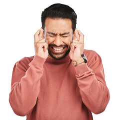 Fingers crossed, praying and man with hand gesture for good luck, anxiety and isolated on...