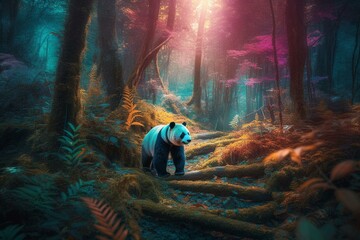 A colorful forest walk with a panda. Generative AI