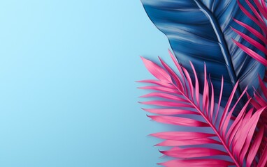 Pink and blue palm leaves and monsters on bright blue pastel background. Minimalistic background concept art with copy space.