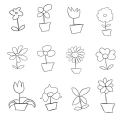 Vector illustration of various flowers and leaves in hand drawn style such as cartoon, children related, set, collection, bundle.